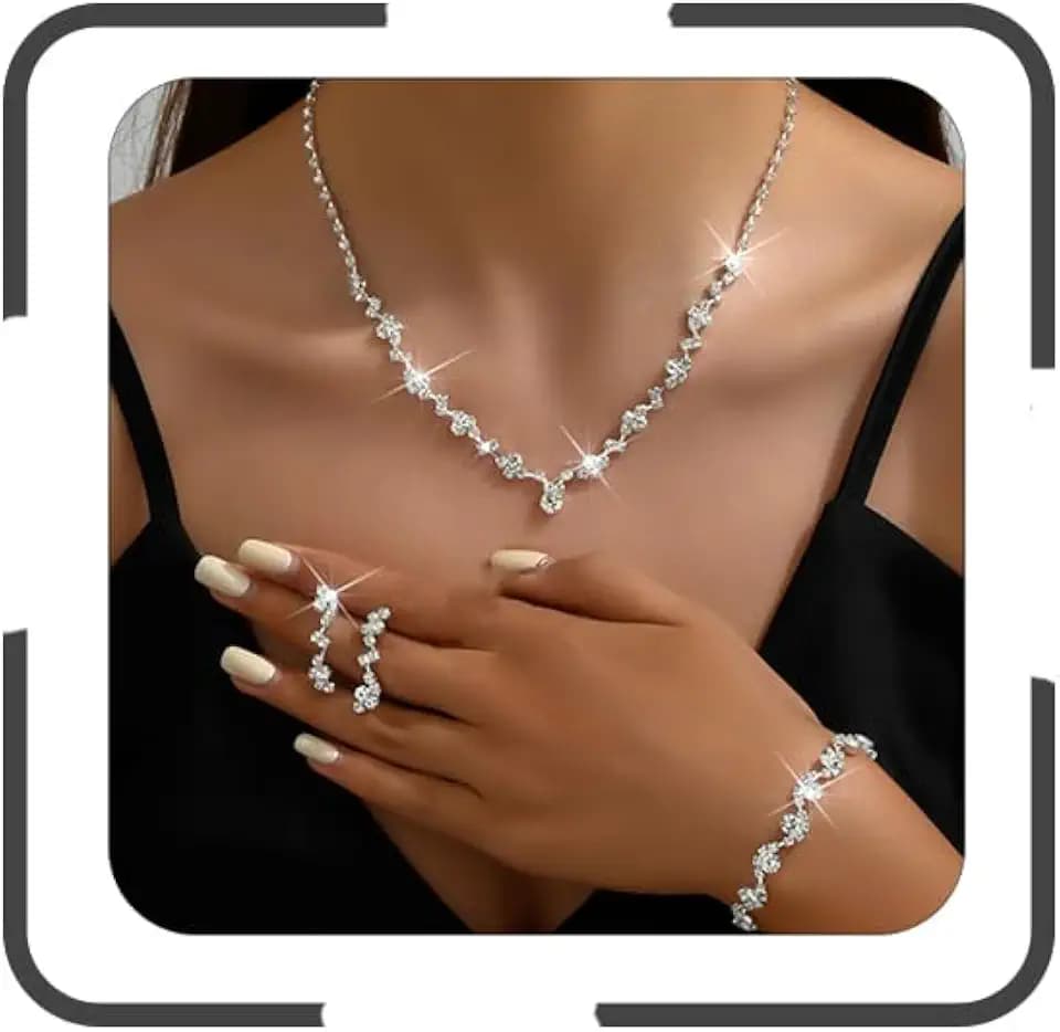 Atiptu Silver Prom Earrings Necklace Bracelet Set Rhinestone Crystal Statement Choker Necklace Earrings Bracelet Bridal Wedding Prom Costume Jewelry Sets for Women