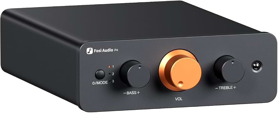 Fosi Audio P4 Mini vorverstärker mit 3 RCA-Eingängen, Heimaudio-Stereovorverstärker für Verstärker/Aktiv-Subwoofer/Lautsprecher, 3-stufigem Verstärkungsregler (3/6/9 dB), Bass- und Höheneinstellung