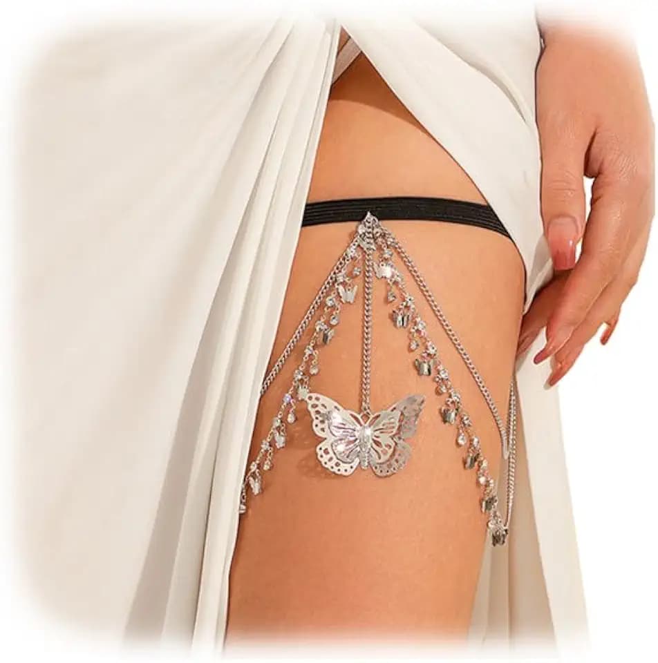 Summer Crystal Thigh Chain Jewelry Elastic Adjustable Crystal Tassel Leg Chain Bikini Beach Festival Rave Rhinestone Butterfly Body Thigh Chain Jewelry for Women