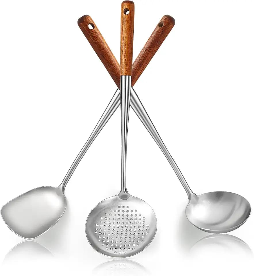 Evanda Wok Spatel Set 43 cm, hitzebeständiger Holzgriff Wok-Werkzeuge aus Edelstahl, Metallspatel, Schöpfkelle, Küchenabschäumer, professionelles Küchen Kochutensilien Set, spülmaschinenfest