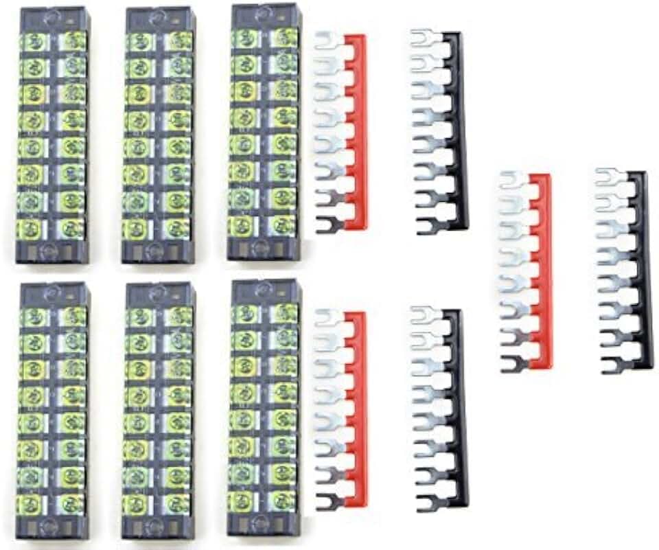 12 Stück (6 Set) 600 V 25 A 8 Positionen zweireihige Schraubklemmenleiste und 400 V 25 A 8 Positionen rot/schwarz vorisolierte Absperrleiste (TB2508)