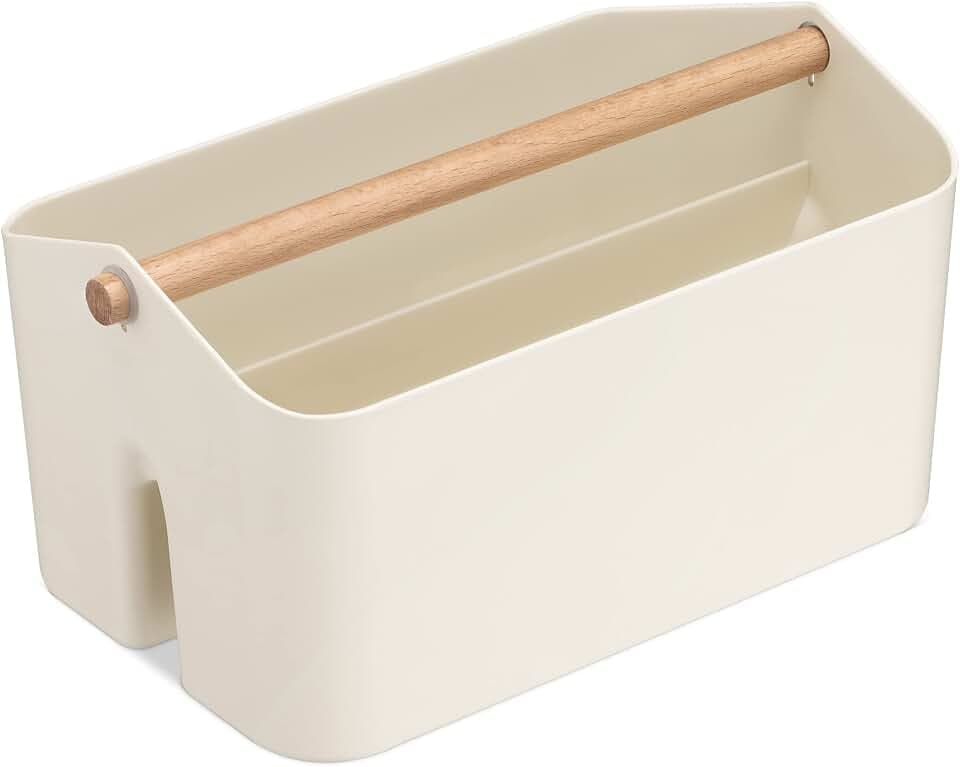 Navaris Aufbewahrungsbox mit Holzgriff - 2 Fächer Box Organizer in Bad Küche - Korb Aufbewahrung für Besteck Putzmittel tragbar klein - cremeweiß