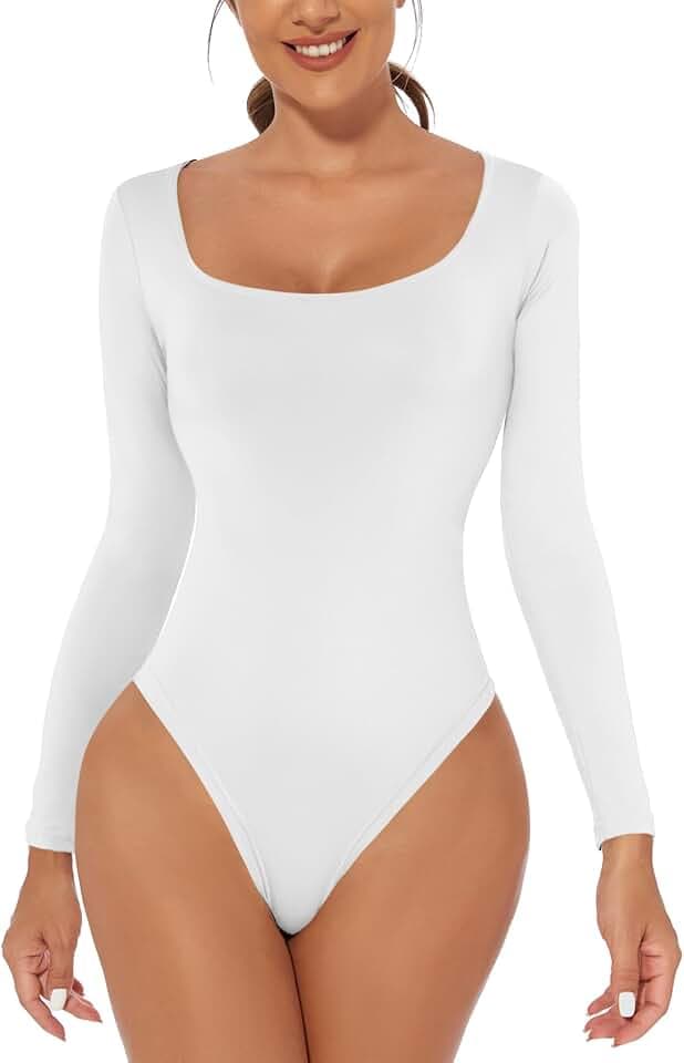 ONEW Damen Langarm Body Eckiger Ausschnitt Bodysuit Oberteil Basic Square Neck Unterziehbody Shirt für Frauen