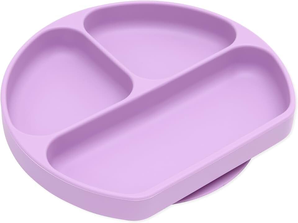 Bumkins Toddler and Baby Suction Plate, Silicone Divided Grip Dish, Babies and Kids, Baby Led Weaning, Children Feeding Supplies, Non Skid Sticky Bottom, Platinum Silicone, Ages 6 Months Up, Lavender