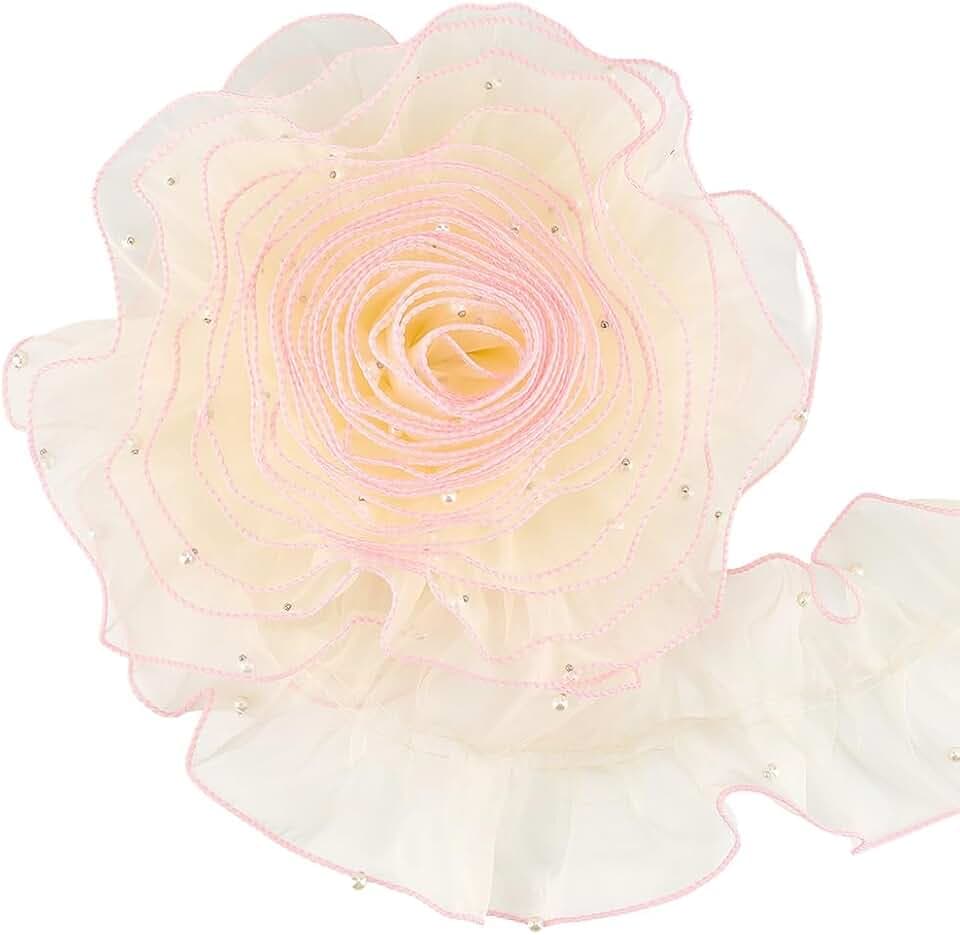 GORGECRAFT 4.5 Inch Pearl Ruffle Lace Trim Pleated Organza Ribbon 5 Yards Gathered Trimmings Pink Edge Beige Chiffon Beads Lace Trim Fabric for Sewing DIY Crafts Clothing Collar Curtain Crafts
