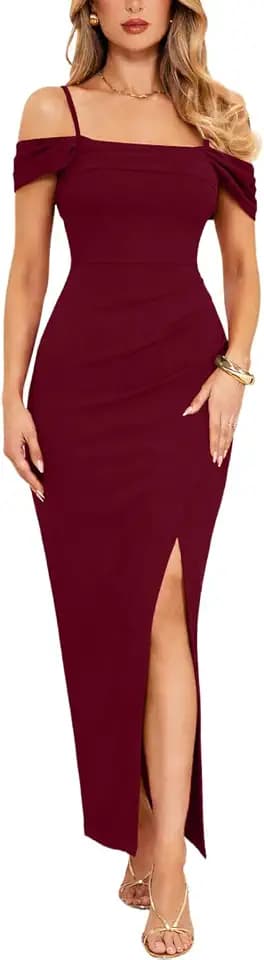 IHOT Women's Off Shoulder Bodycon Maxi Dresses Elegant Ruched Side Slit Formal Cocktail Wedding Guest Evening Party Dress
