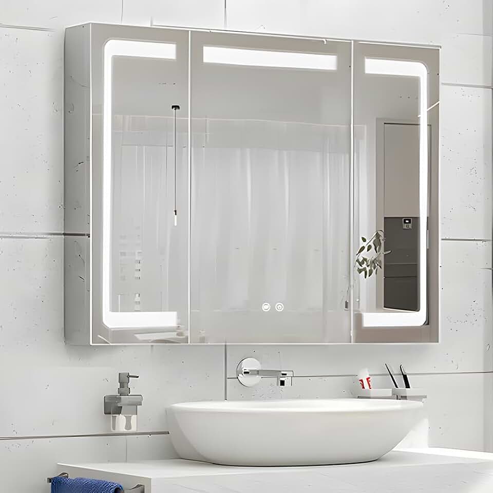 Stainless Steel LED Medicine Cabinet,Bathroom Mirror Cabinet with Light,3 Color,Dimmable,Equipped with Defogger,USB Shavor Socket,Internal Light,36×32 Inch