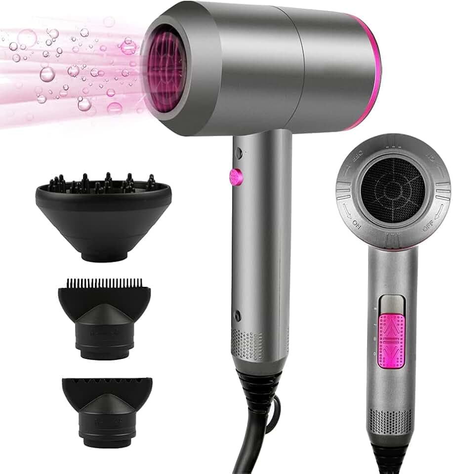 Faszin Föhn Ionen Haartrockner mit AC-Motor, schnellem trocknender Professioneller Fön mit 2 Geschwindigkeits- und 3 Hitzeeinstellungen, Kaltlufttaste, drehbarem 1 Diffusor & 2 Konzentratoren Grau