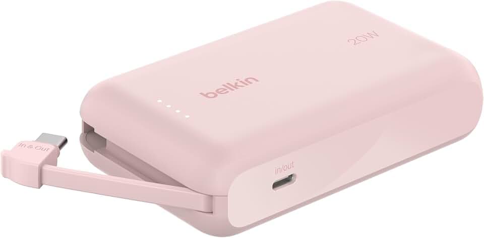 Belkin BoostCharge 10000mAh Power Bank, integriertes USB-C-Kabel – Rosa
