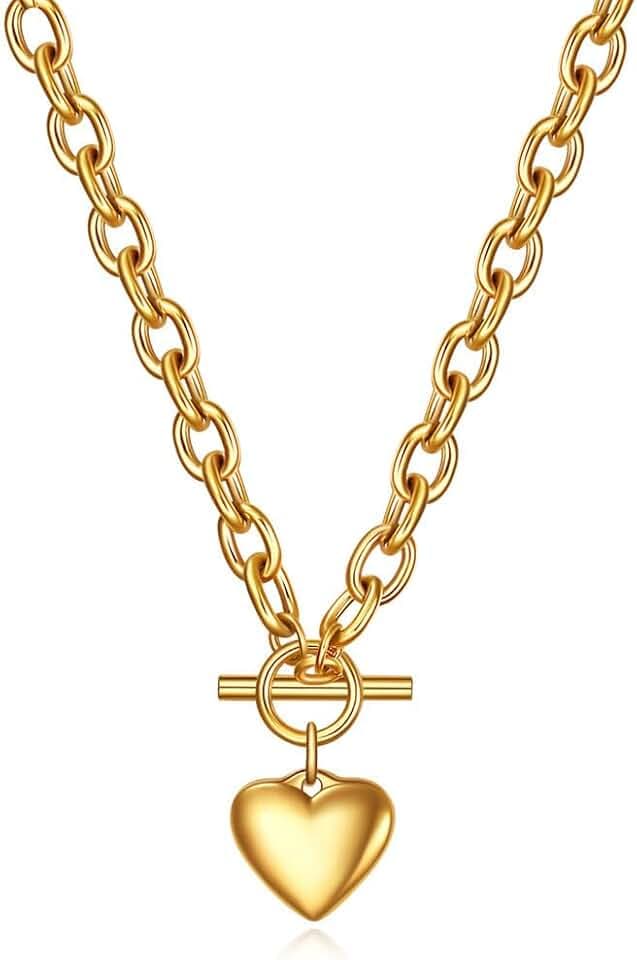 Chain Necklace for Women 18K White Gold Plated Chunky Cuban Chain Link Necklace with Heart Moon Hypoallergenic Jewelry for Women