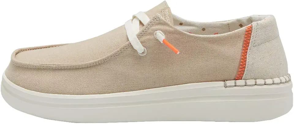 HEYDUDE Women's Wendy Rise Chambray Sandshell Size 5 | Women’s Shoes | Women’s Lace Up Loafers | Comfortable & Light-Weight