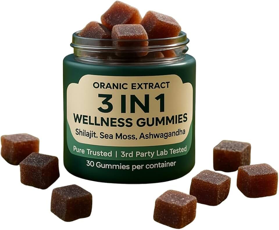 3IN1 Shilajit Wellness Gummies, Ashwagandha, Sea Moss, Energy & Immune Support for Man & Women, Trace Mineral & Fulvic Acid Rich, Organic, Vegan, Non-GMO, 30 Gummies