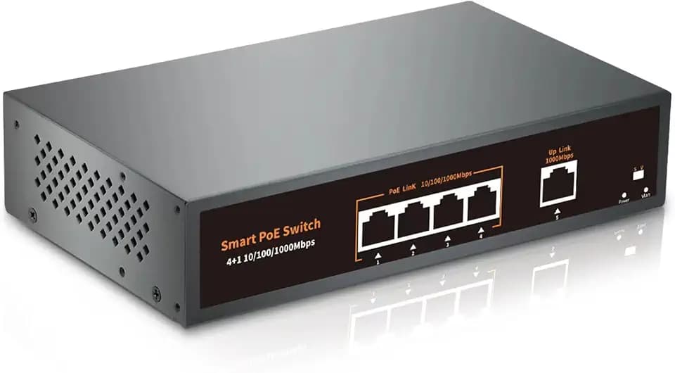 4 Port Gigabit POE Switch 2025 with 1 Gigabit Uplink, 4 POE+ Port1000Mbps,78W 802.3af/at,Metal Desktop WallMountable,VLAN Function,250 Meters Extend,Metal FanlessPlug and Play Network Switch