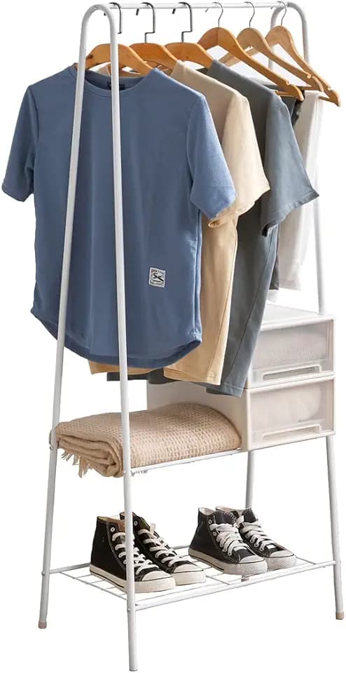 Garderobenständer Kleiderständer mit 2 Ablage, Garderobe Wäscheständer Kleiderstange mit Schuhregal, Platzsparend Ständer für Schlafzimmer, Flur, Eingangsbereich, White