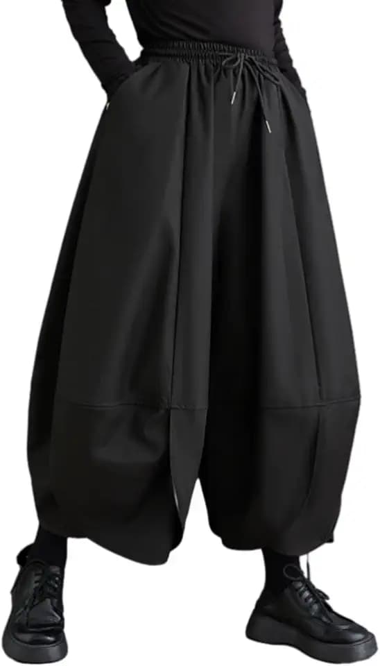 ellazhu Women's Puffy Drawstring Elastic Waist Drop Crotch Hakama Harem Wide Leg Pants GZ81 A