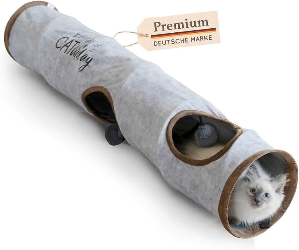 Premium Katzentunnel 120 x 24 cm I 3 Gucklöcher & Spielbälle I Katzen Spieltunnel Faltbar Katzenspielzeug Katzen Tunnel Rascheltunnel Höhle Rolle Cat Tunnel Katze grau Kaninchen XXL