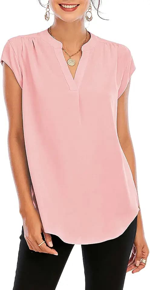 Famulily Womens Split V Neck Cap Sleeve Tops Frill Trim Elegant Work Office Blouse Shirts