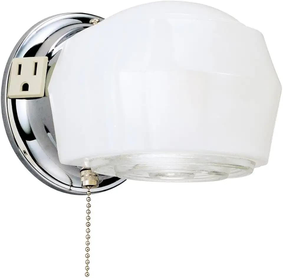 One-Light Classic Wall Fixture with Ground Convenience Outlet and Pull Chain, Chrome Finish Base with White and Crystal Glass