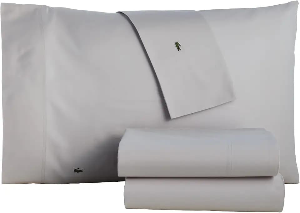 Lacoste 100% Cotton Percale 4-Piece Sheet Set – Lightweight and Ultra-Soft Bedding with Deep Pockets, Wrinkle-Resistant, Hypoallergenic and Durable, Oeko-Tex Certified – Light Grey, Full
