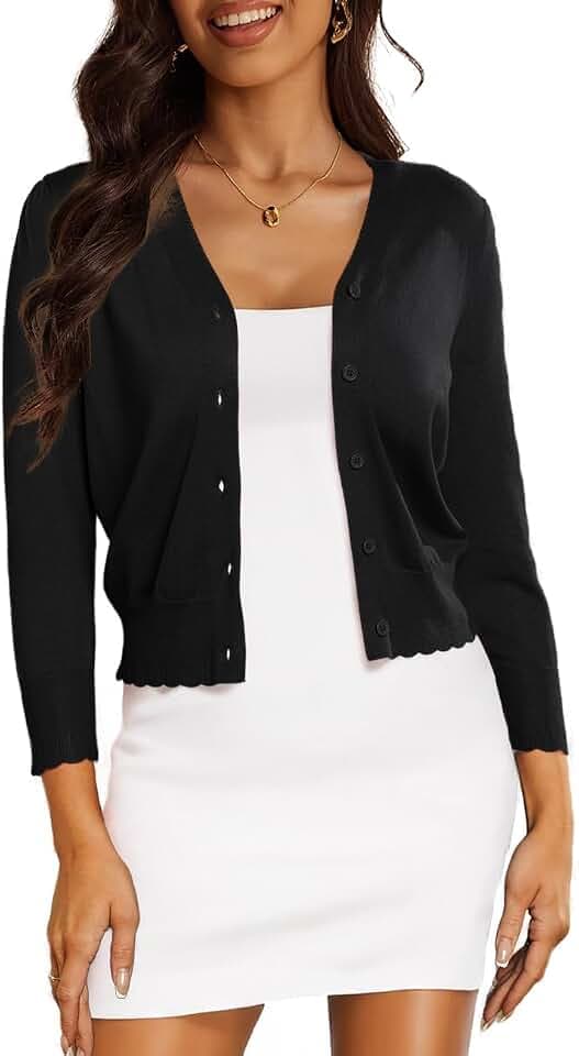 Cropped Cardigan for Women Bolero Shrug 3/4 Sleeve Lightweight Knit Sweater