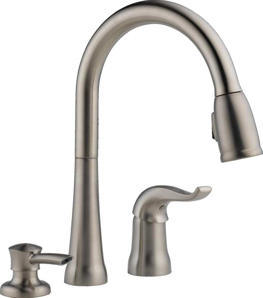Delta 16970-SSSD-DST Kate Küchenarmatur aus gebürstetem Nickel mit ausziehbarem Sprühkopf und Seifenspender, moderne Zweiloch-Küchenarmatur mit Einhebelbedienung, Edelstahl