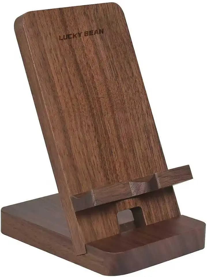 LUCKY BEAN Wood Phone Stand, Desktop Wooden Phone Holder, Portable Office Phone Stand for Desk, Wood ipad Stand， Compatible with iPhone & All Cell Phones (Walnut)
