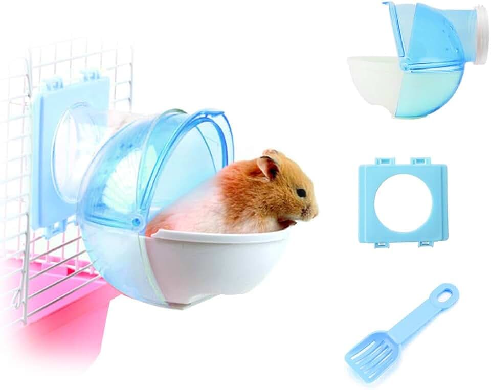 WishLotus Hamster Sand Badezimmer, 3 Stück Abnehmbarer Kunststoff Hamster Sand Bad Behälter Kleine Haustier Badewanne Außentoilette mit Schaufel und Käfigzubehör für Hamster Meerschweinchen (Blau)