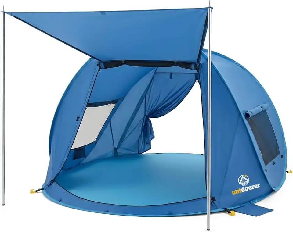 outdoorer Beach Air Max - UV 80 Pop up Strandmuschel Innovation 2026, kompakt, mit Vordach, einfacher Aufbau, für Koffer, mit Haken, groß, verschließbar, windstabil, Moskito Schutz.