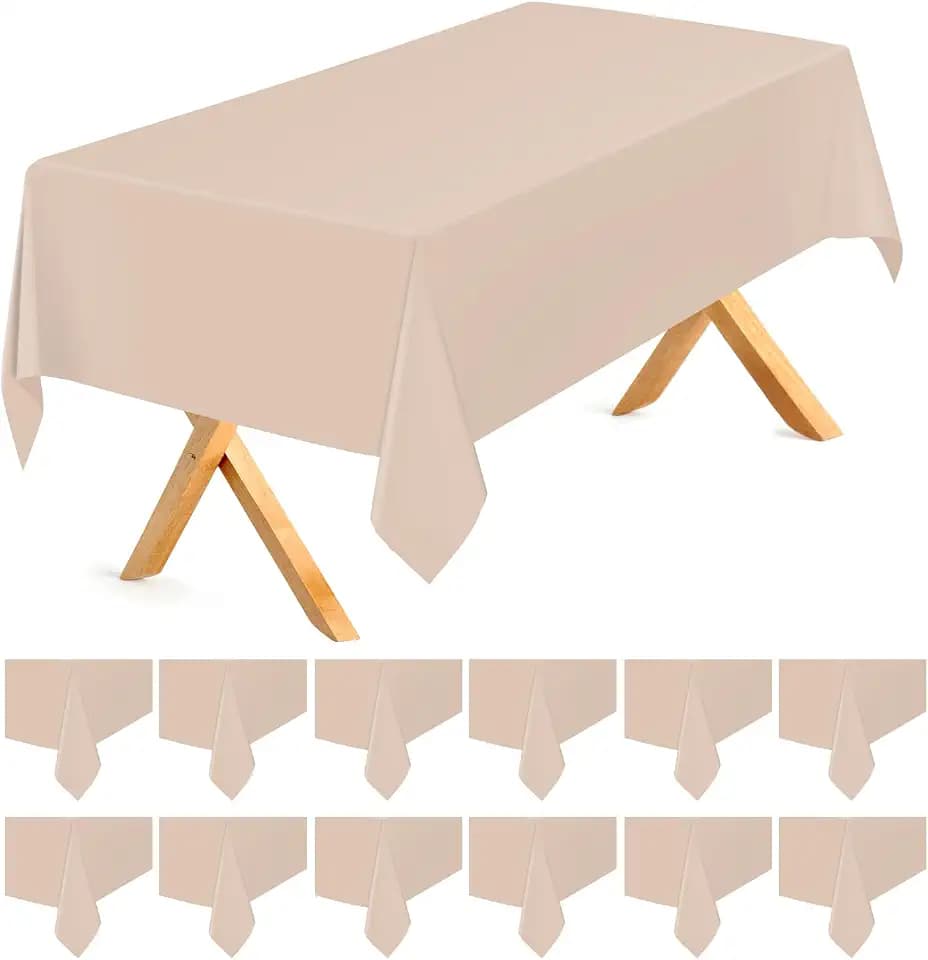 Beige 12 Pack Plastic Tablecloths 54"x 108" Disposable Rectangle Table Cloth Plastic Table Cover for Party Disposable Tablecloths