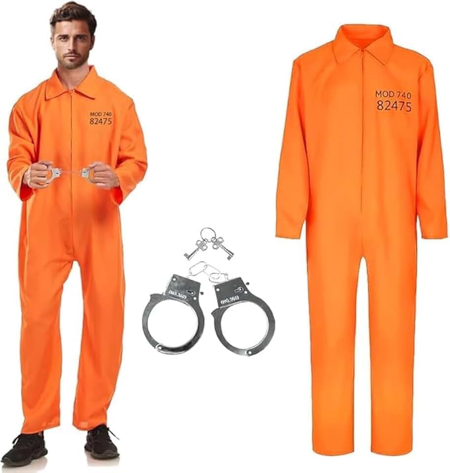 JZENKD Häftling Kostüm Herren, Sträfling Kostüm Herren Damen, Orange GefäNgnis kostüm mit Handschellen, Karneval Fasching Gefangener Overall Knast Prisoner Verbrecher Cosplay Party Deko für Erwachsene