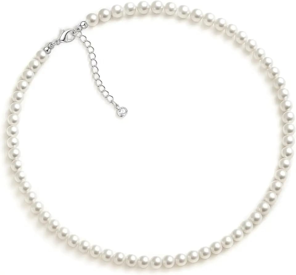 Zeffy Pearl Necklace 4MM/6MM/8MM Dainty Round Imitation Pearl Choker Necklace Wedding Pearl Necklace Delicate Jewelry for Women Simple Bridesmaid Jewelry Gifts
