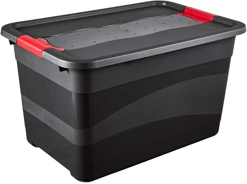 keeeper Transportbehälter mit Deckel und Schiebeverschluss, Extra Stabil, 59,5 x 39,5 x 34 cm, 52 l, Eckhart, Graphit Grau, Pastellrosa