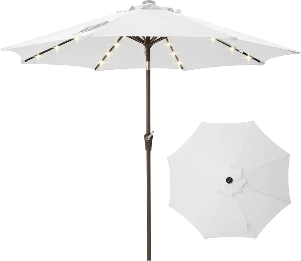 9FT Solar-Powered LED Patio Umbrella with Tilt Crank,Outdoor Market Umbrella with 32 Lights,Sunshade for Deck, Garden and Pool
