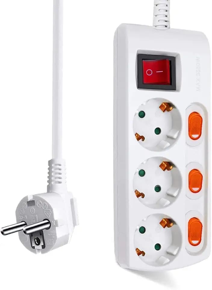 EXTRASTAR Steckdosenleiste mit 3 Steckdosen + 3 Einzelschalter, 1 Hauptschalter, 3680 W, 250 V, 1,5 m, Weiß, 1 Stück