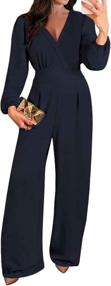 Pink Queen Dressy Jumpsuits For Women Long Sleeve V Neck Wide-Leg Romper