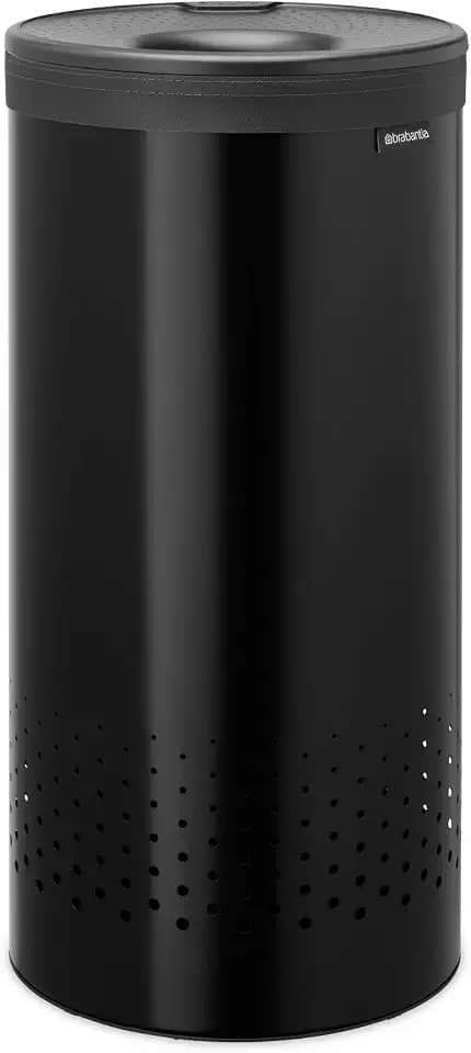 Brabantia Wäschekorb mit Deckel | 35 l Wäschebehälter mit herausnehmbarem Baumwollbeutel und Quick-Drop-Öffnung | Platzsparender Wäschekorb | Matt black