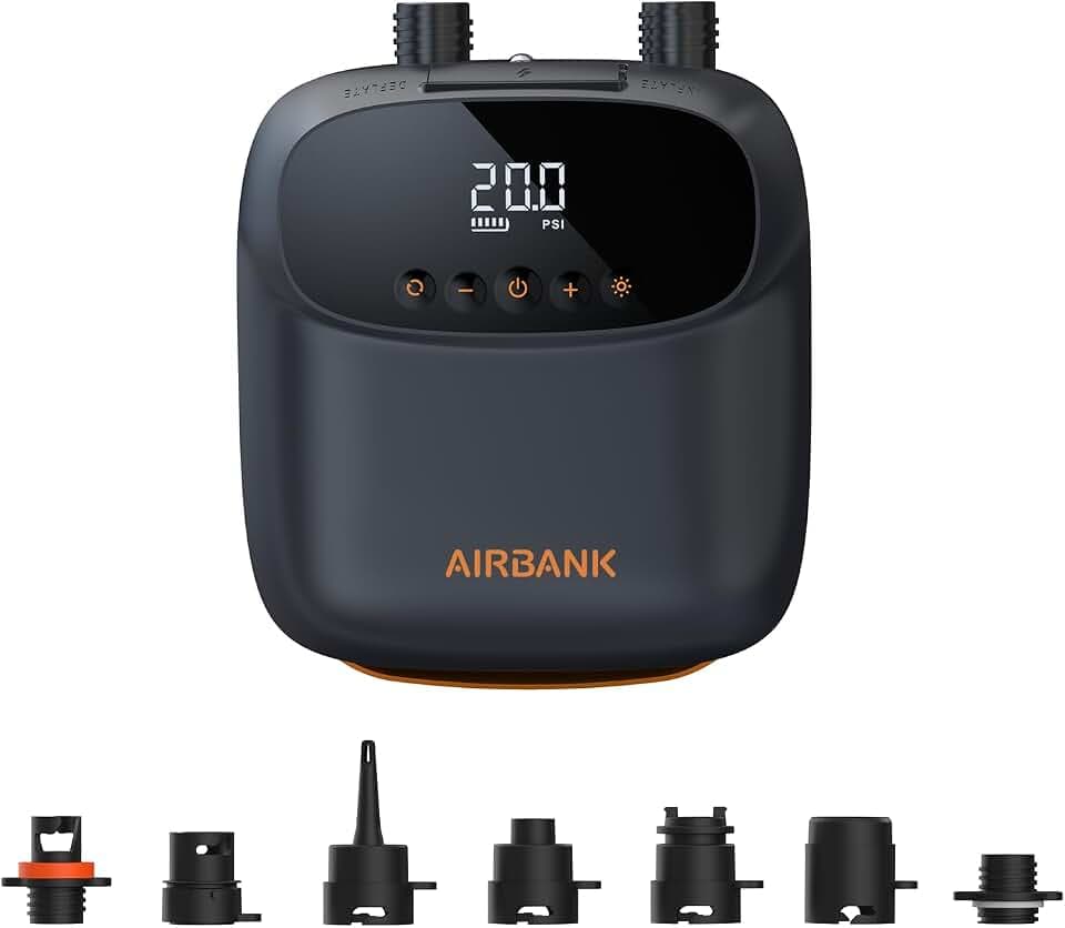 AIRBANK Elektrische Luftpumpe SUP Pumpe mit Akku Der Puffer Pro, Wiederaufladbare Dual Stage Auto Off Luftpumpe für Paddleboard, Wing Foil & Kite, Zelt, Matratze