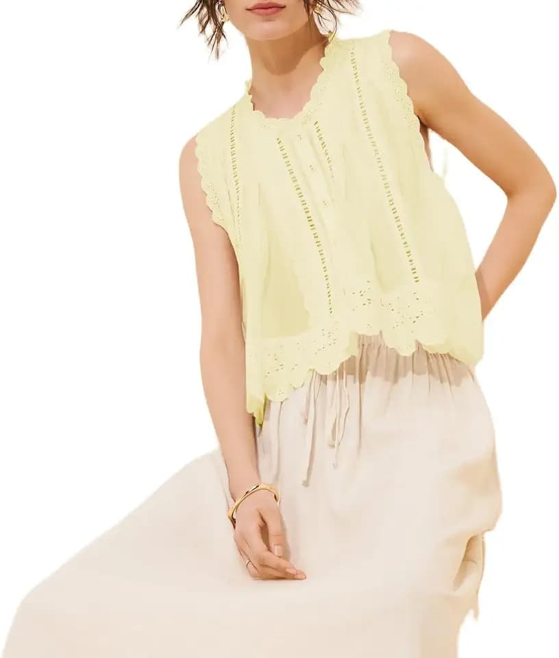Women Sleeveless Eyelet Top Vintage Lace Patchwork Detail Button Down Vest Top Scallop Hem Beach Boho