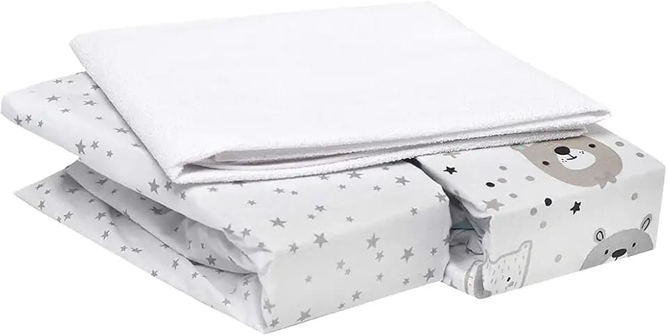 FlyIdeas 3-teiliges Spannbettlaken-Set – 2 Spannbettlaken aus 100% Baumwolle & 1 wasserdichter Matratzenschoner – Atmungsaktiv & Hypoallergen (Cute Bears, 120x60 cm)