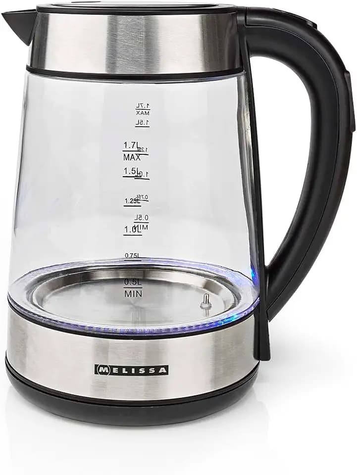 Melissa Wasserkocher Glas 1,7 L - 2200 W - Kettle mit 5 Temperatureinstellungen 50/70/80/90/100 °C - LED-Beleuchtung - Warmhaltefunktion - Strix Regler - 360° Basis - Trockenkochschutz