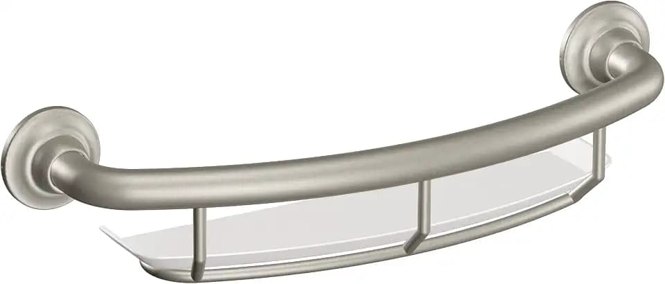 Moen Home Care Bathroom Safety 16 Inch Handicap Grab Bar for Bathtub and Shower with Storage Shelf, Elderly Assistance Product, Brushed Nickel, R2356DBN