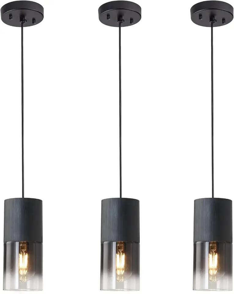 3-Pack Black Pendant Light Fixtures, Adjustable Modern Pendant Lights for Kitchen Island, Industrial Glass Pendant Lights for Dining Table Hallway Bedroom Living Room