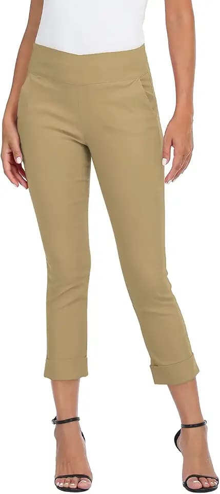 HDE Pull On Capri Pant for Women w/Pockets Elastic Waist Cropped Work Pant