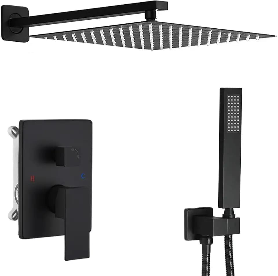 Matte Black Shower System 10 Inch Bathroom Luxury Rain Mixer Shower Combo Set Wall Mounted Rainfall Shower Head and Handheld System Shower Faucet Rough-in Valve Body and Trim Kit