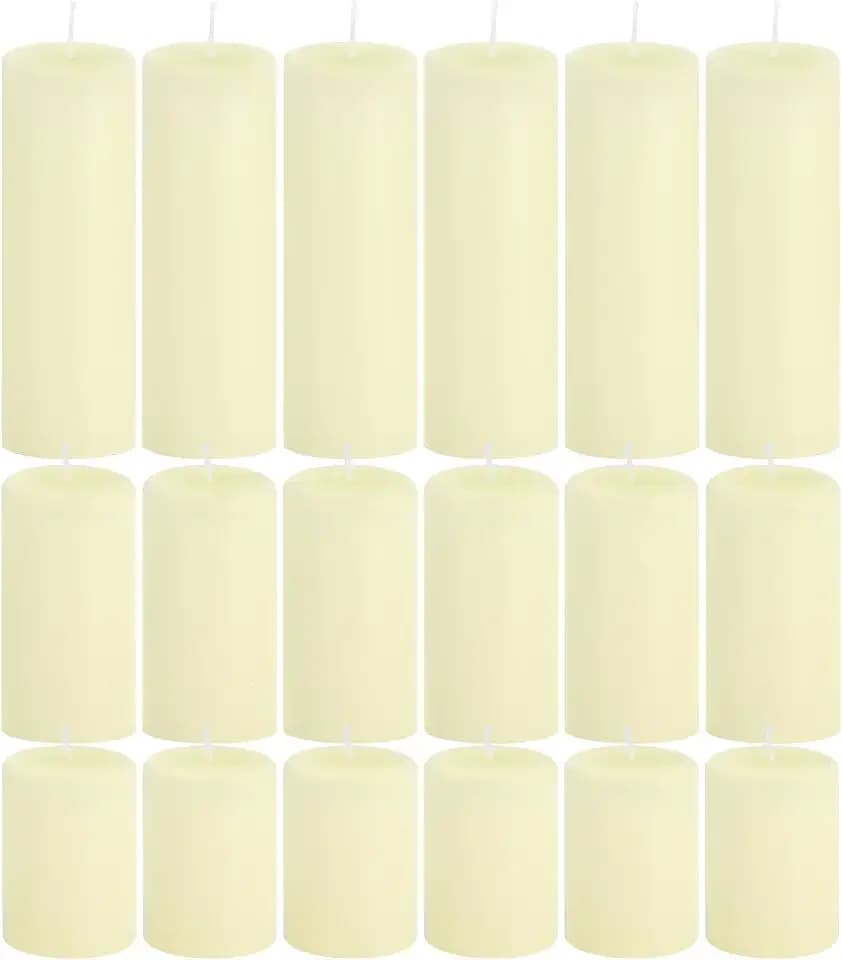 18 Pcs Ivory Pillar Candles Bulk Set，Hurricane Candles，3 Different Lengths 2 x 3/4/6 Inch (6 Each)，Dripless Unscented Smokeless，Gives You a Better Atmosphere When Organizing an Event Party.