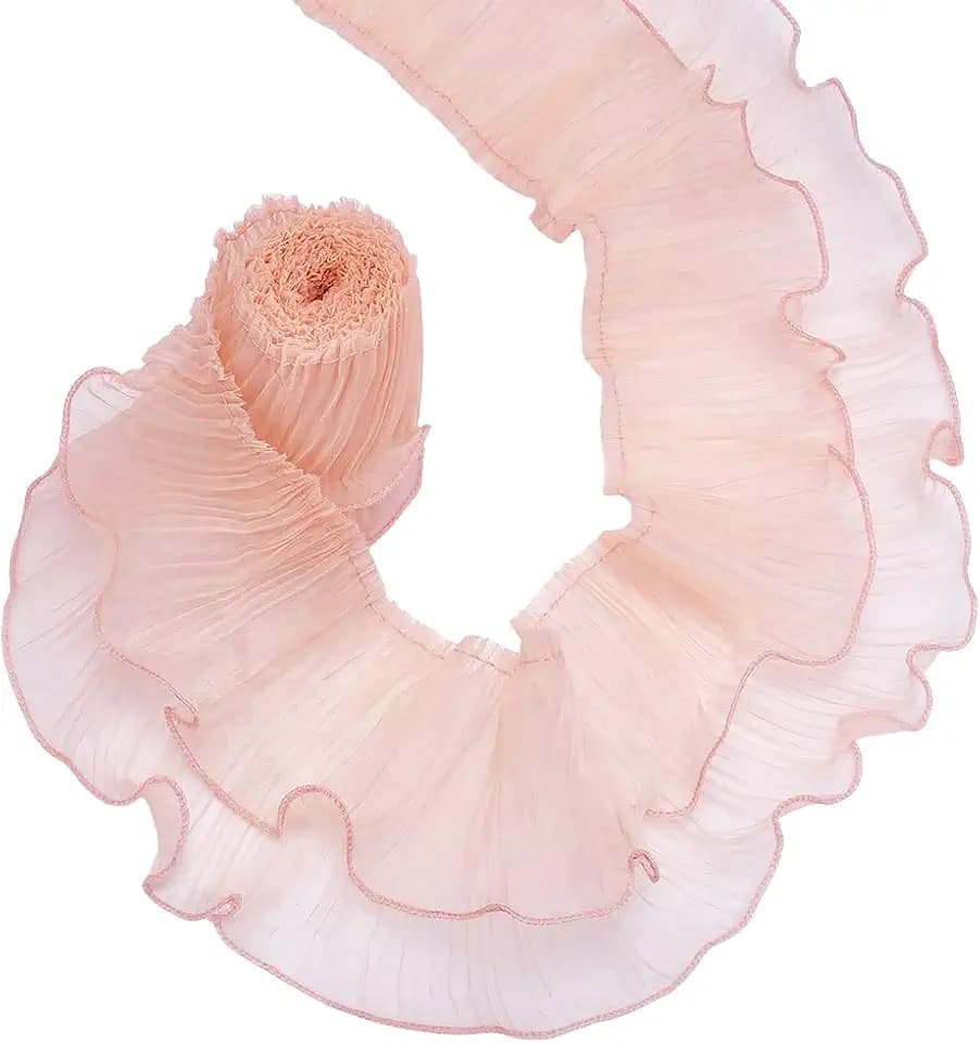 UNICRAFTALE 4 Yards Peachy Pink Ruffle Pleated Chiffon Trim 2 Layer Organza Laces Ribbon Double Organza Lace Trim Pleated Organza Lace Ribbons Trimmer Dress Bag Decoration Fabric for Dress Crafts
