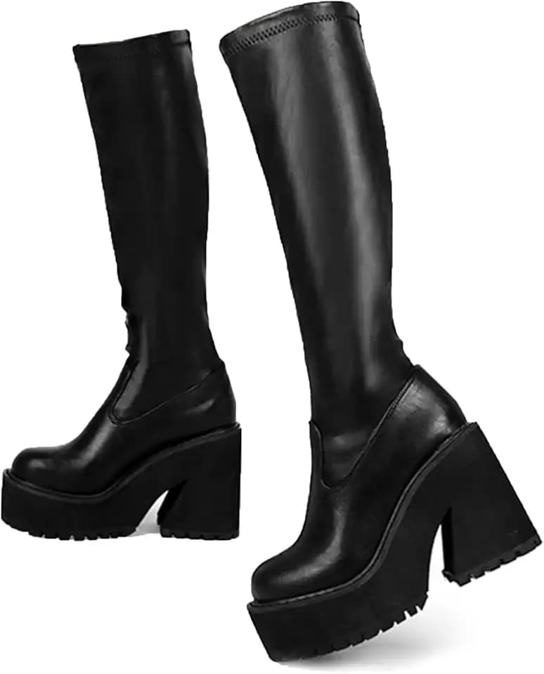 AMINUGAL Platform Knee High Boots Elastic Wedge Chunky Heel Tall Boots