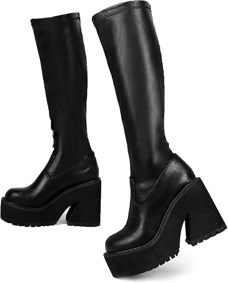 AMINUGAL Platform Knee High Boots Elastic Wedge Chunky Heel Tall Boots