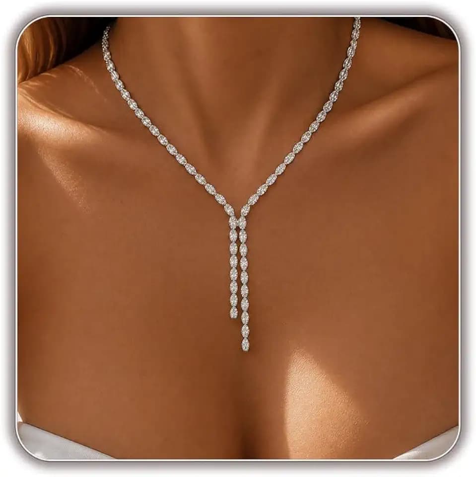 STONEFANS Long Tennis Necklaces for Women - Dainty Silver Lariat Necklace Rhinestone Y Shaped Drop Necklace Cute Choker Necklaces for Women Trendy Silver Prom Jewelry Gifts