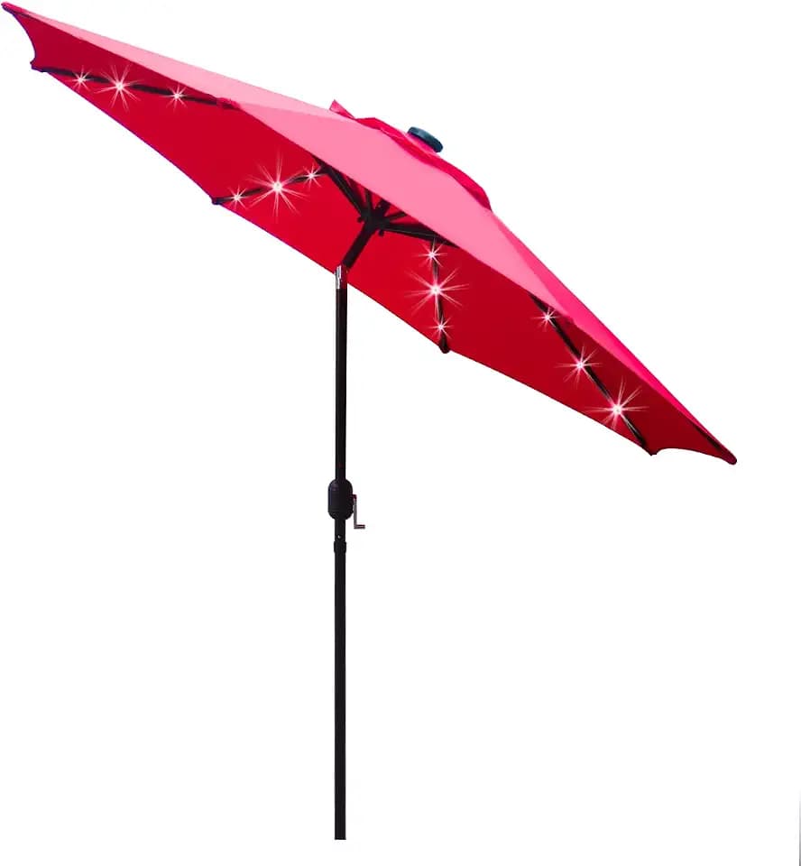 Sunnyglade 9' Solar LED Patio Umbrella, 8 Ribs, Tilt & Crank (Red)